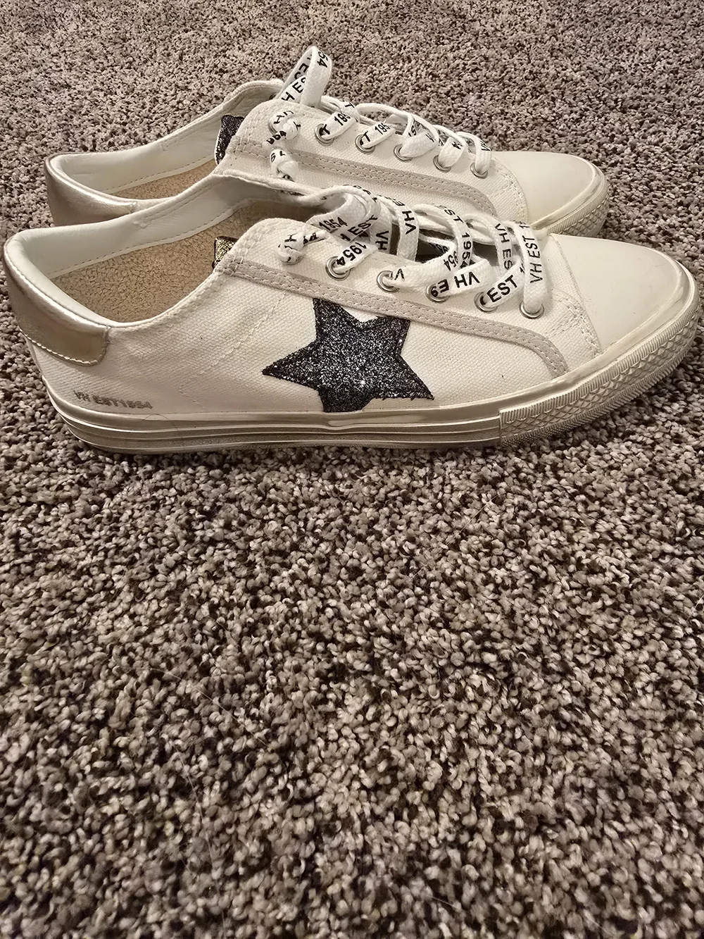 Vintage White Sneakers with Black Glitter Star Accent